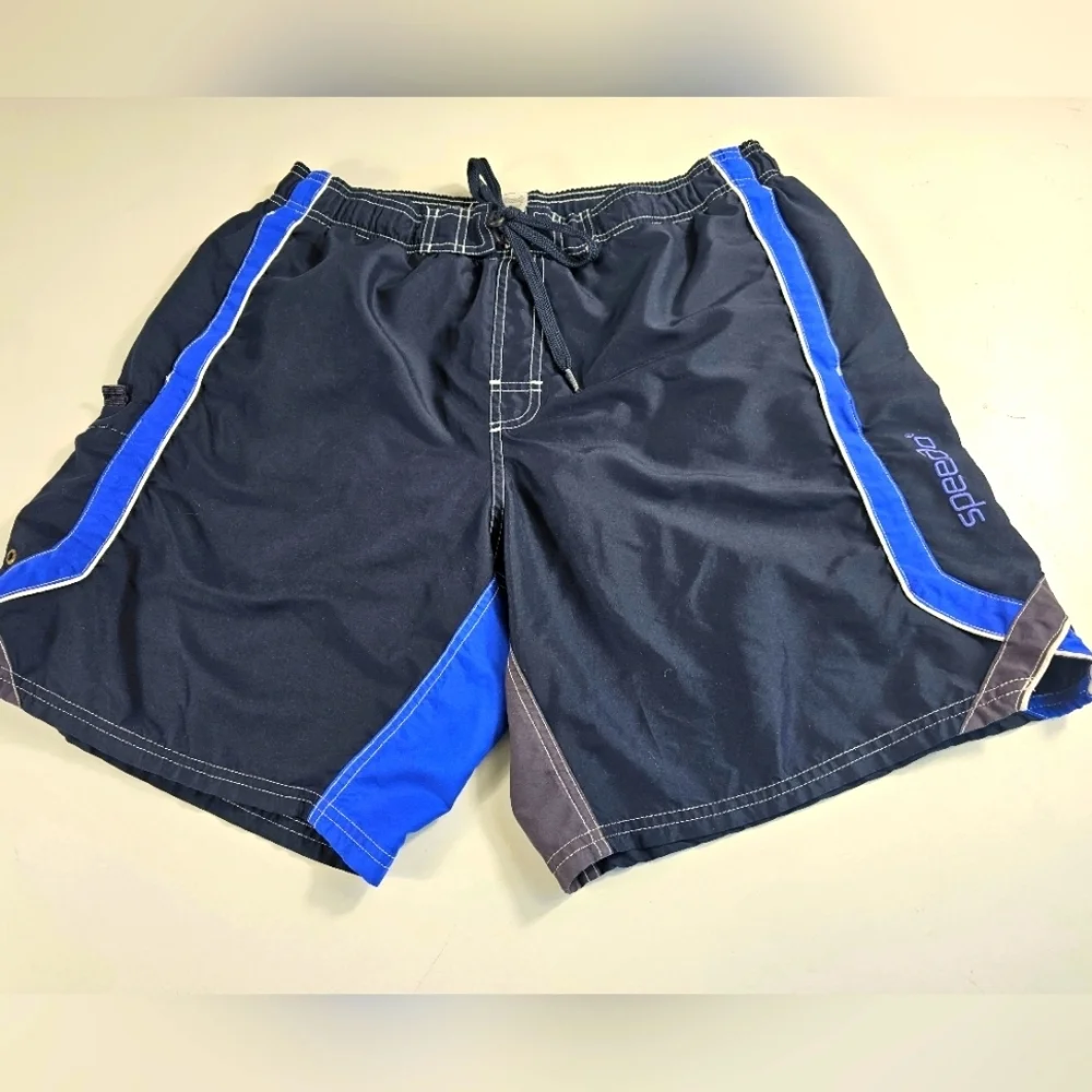Speedo Swim Trunks Mens Large Blue Lightweight Board Shorts Bathing Suit Mens ^